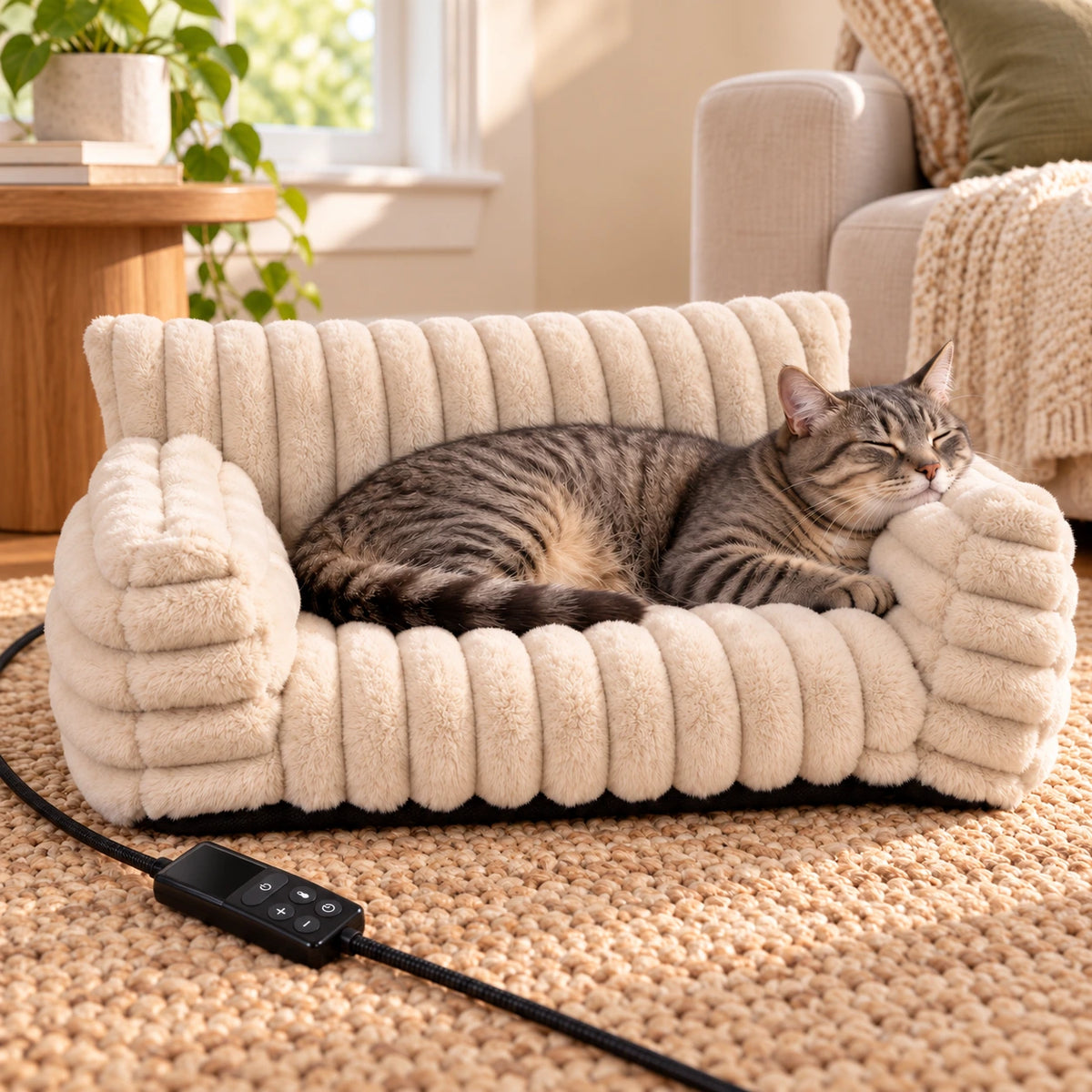 Tabby resting on the cream Purrmora sofa in a warm living room