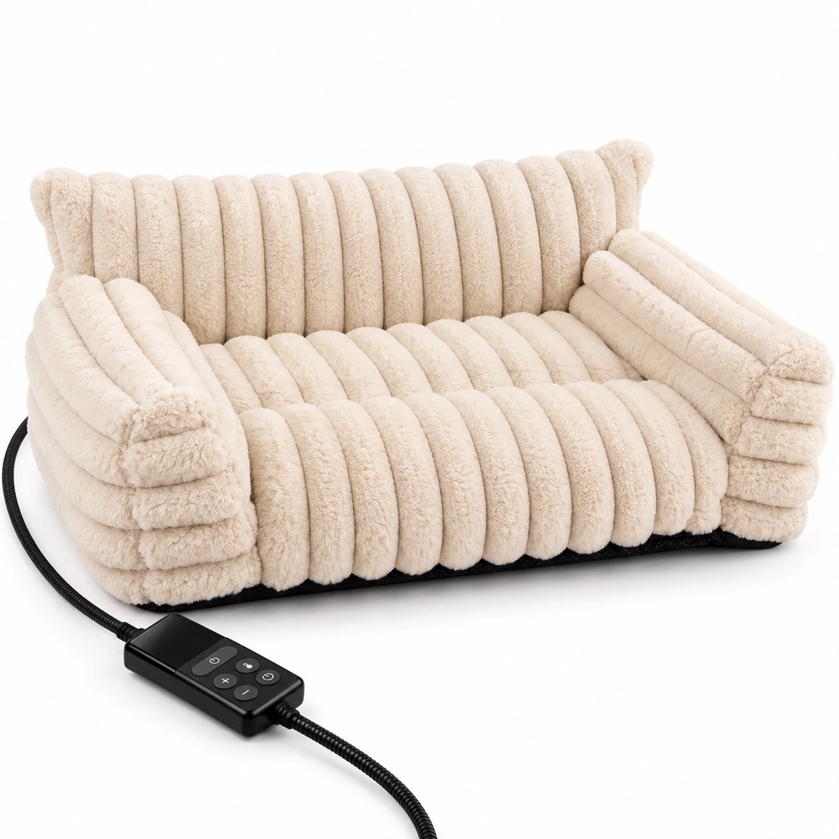 Cream ribbed cat sofa with raised arms, open front and wired controller on white